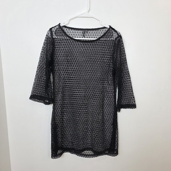 Portocruz Black Open Knit 3/4 Sleeve Gothic Sheer Festival Shirt Size Medium - Picture 1 of 6